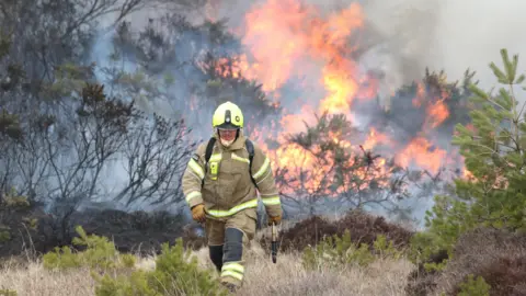 Peter Jolly/Northpix A firefighter walking away from the scene of a wildfire near Inverness in the Highlands. A bushy area with trees is ablaze in the background of the shot