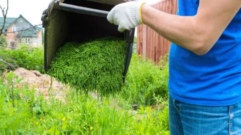 A woman emptying grass clippings