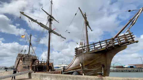 A wooden boat which is docked at Great Yarmouth. 