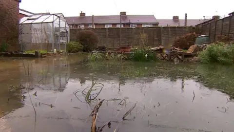 A garden surrounded by a wooden fence, with plants and grass submerged underwater. The garden has a clear greenhouse on the left side and plants scattered in front of the fence. It is raining and the sky is grey.