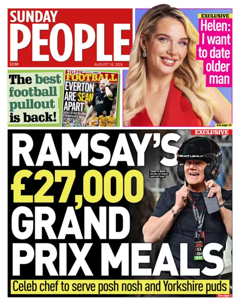 The main headline on the front page of Sunday People reads "Ramsay's £27,000 Grand Prix meals". 