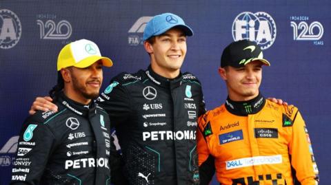 Lewis Hamilton, George Russell and Lando Norris
