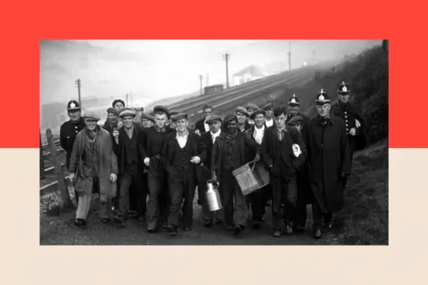 Topical Press Agency/Getty Images A black and white image of miners next to police leaving the Taff Merthyr pit having spent 24 hours on strike below ground