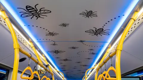Transport for Greater Manchester Inside of a bus. Bees have been drawn all over the ceiling as part of a one-off design. 