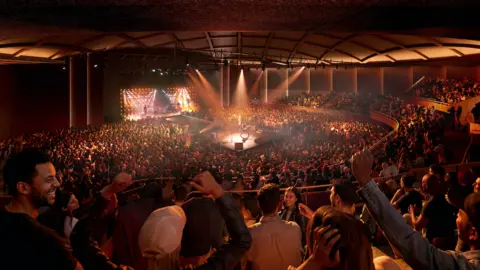A generated image of a large indoor concert venue filled with a dense crowd surrounding a central stage. Bright stage lights illuminate performers on the stage and cast warm light across the audience. Tiered seating wraps around the space, and many audience members have raised arms. 
