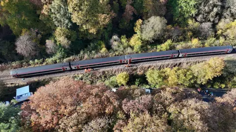 RAIB An aerial picture of a train. Trees surround the track, with people in high-visibility clothes standing by the train. 
