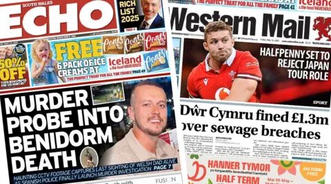 South Wales Echo and Western Mail front pages. South Wales Echo front page. Main story; Murder probe into Benidorm death - haunting CCTV footage captures last sighting of Welsh dad alive as Spanish Police finally launch murder investigation. Above is an advert for free ice creams from Iceland. Western Mail front page. The first story is a photo of Leigh Halfpenny - Text: Halfpenny set to reject Japan tour role. Below this is a grey line and the text: Dŵr Cymru fined £1.3m over sewage breaches. To the left are blue boxes with stories in. First one reads: New changes made to tourism tax, next reads: Family's fight for answers to dad's death. Third one reads: Epic challenge for man with 11 tumors. 