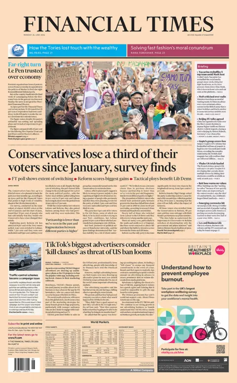 Financial Times headline: 'Conservatives have lost a third of voters since January, survey finds'