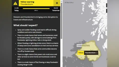 Graphic - to the left is a screenshot of the BBC weather site. It states 'yellow weather warning.' It states from 11:00 today, to 06:00 tomorrow. Then, 'Showers and thunderstorms bringing some disruption to travel and infrastructure - Spray and sudden flooding could lead to difficult driving conditions and some road closures
- There is a small chance that homes and businesses could be flooded quickly, with damage to some buildings from floodwater, lightning strikes, hail or strong winds
- Where flooding or lightning strikes occur, there is a chance of delays and some cancellations to train and bus services
- There is a small chance that some communities become cut off by flooded roads
- There is a slight chance that power cuts could occur and other services to some homes and businesses could be lost
- There is a small chance of fast flowing or deep floodwater causing danger to life' The left image is a map of Northern Ireland highlighted in yellow. There is a yellow and black box stating 'Yellow: Thunderstorm.' The rest of the map is grey.