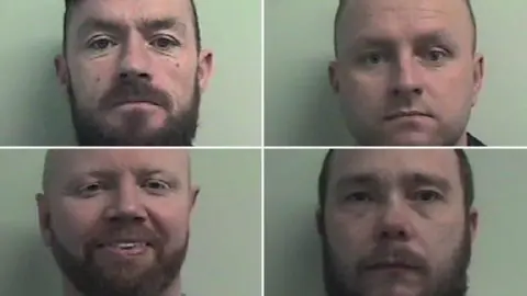 Police Scotland Grainy police mugshots of four of the six man convicted of a spate of murder bids on Daniel family associates in 2019 included (clockwise, from top left) Peter Bain, Brian Ferguson, Andrew Gallacher and John Hardie. The men are all pictured from the chin up. Bain has a dark hair, a beard and is expressionless. Ferguson has short dark hair and is also serious. Gallacher has dark hair and a beard and is expressionless. Hardie is balding and has red hair and a beard. He is grinning in the image.
