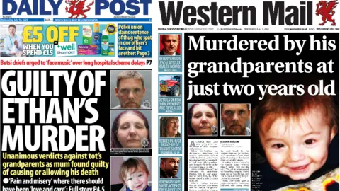 Front pages of Daily Post and Western Mail which both lead with story on grandparents found guilty of murder of grandson