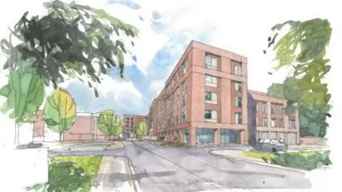 University of Southampton Water colour-style design images of red-brick accomodation blocks surrounded by grass areas and trees