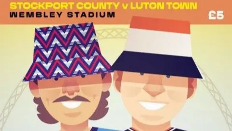 Des Hinks The cover of a match programme created by Luton and Stockport fans. It features two cartoon supporters standing side by side in front of the Wembley arch. They are both wearing hats and smiling. (The match programme is titled "El Hattico" but this part is not visible in the picture)