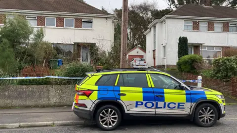 A police car parked outside a house on Abbey Drive after a fatal fire