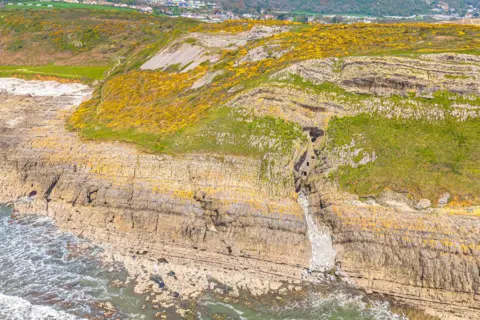 SMDroneography A high, drone-style view of a rugged coastal cliff layered with pale rock and streaks of yellow flowering vegetation. In the centre, a narrow gorge cuts down through the cliff, revealing a small, vertical stone structure embedded within the rock face. Below, waves break against scattered rocks along the shoreline. Above the cliffs, a grassy plateau stretches toward a nearby village with rows of houses and roads visible in the distance. 