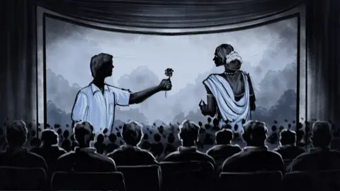 Illustration by Puneet Kumar A sketch of people watching a movie in the theatre where a man is standing holding a rose and his face is towards a woman in a saree