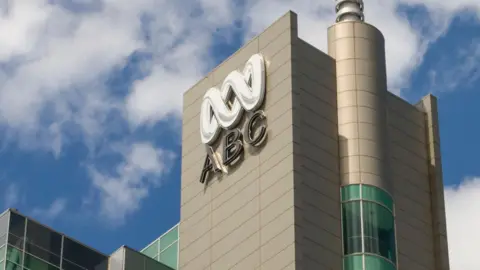ABC Australia's building and logo against a blue sky background with some white clouds