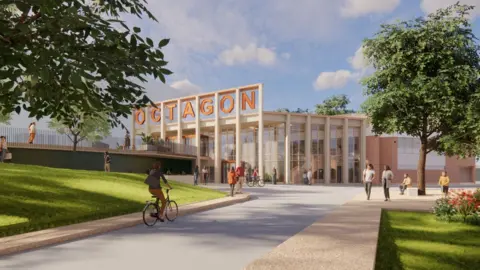 Somerset Council An artist's impression of the revamped theatre. It is a glass-fronted building, with the word OCTAGON in large letters above the entrance.
