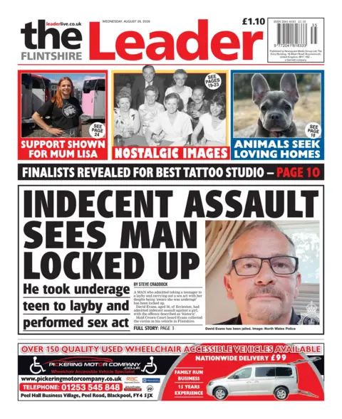 The Flintshire Leader Main headline: Indecent assault sees man locked up. Next to image of a man with glasses and a goatee beard.