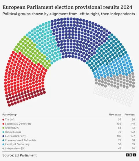 A graphic showing seats in the EU parliament 