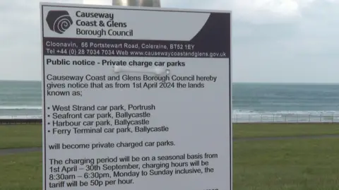 Public notice explaining that car park charges will come in at four car parks on the north coast between April and September