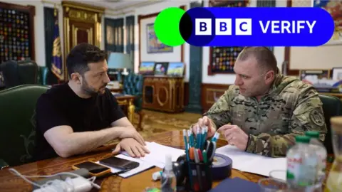 Ukrainian President Volodymyr Zelensky speaks with the Head of the Security Service (SBU) Vasyl Maliuk, who was reporting on the operation against Russian airbases