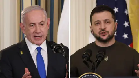 Split screen of Benjamin Netanyahu and Volodymyr Zelensky speaking at the White house on different occasions.