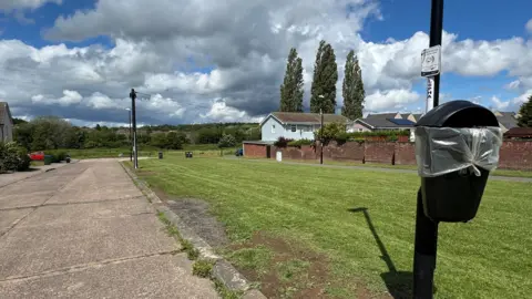 A grassy open area with a pavement, houses, and a bin on a pole under a cloudy sky.
