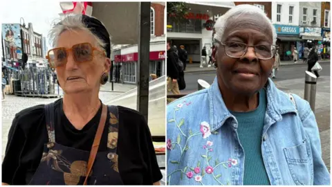 Composite of two women, one on the left with white short hair wearing a black hairband and t-shirt and another woman wearing a blue denim jacket and blue top.