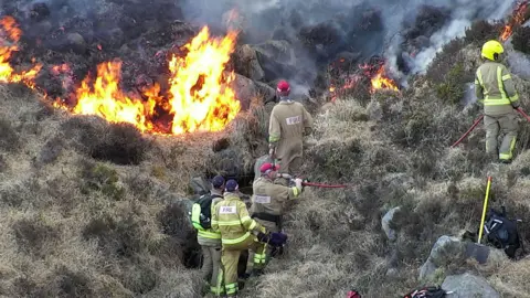 A wildfire spreading across gorse land while five firefighters use hoses to extinguish it. 