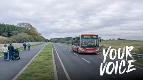 Scottish Borders Council A view of a cycle and walking path alongside a road with a bus for Selkirk travelling on it. There are two people pushing a pram and two people on bikes on the path