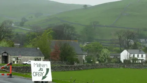 A sign in rhe village of Malham which reads 'Malham is Open'