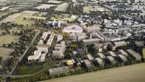 CUPH Aerial of the Cambridge Biomedical Campus showing tall research and science buildings spread out across a landscape