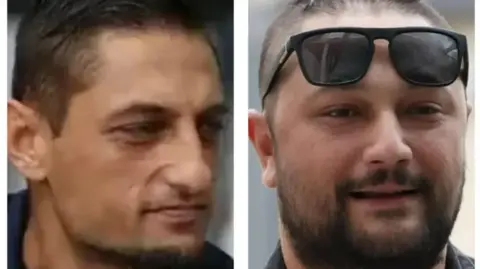 Close up images of two men. They both have short brown hair and stubble. The man on the right has sunglasses on his head. 