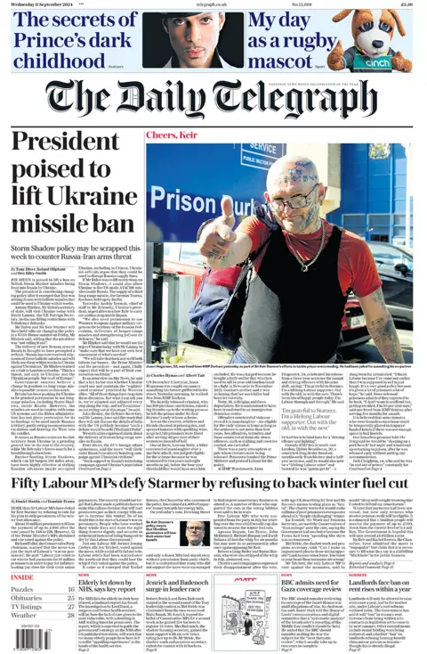 Primeira página do Daily Telegraph com a manchete "Presidente pronto para levantar proibição de mísseis na Ucrânia"