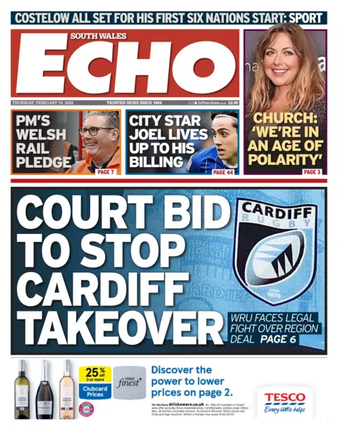South Wales Echo Main headline: Court bid to stop Cardiff takeover; WRU faces legal fight over region deal. Next to an image of Cardiff Rugby badge .