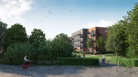A CGI-generated picture of the new development, with a woman riding a bike on a path on the edge of the site. Further away, a person is riding a bike on a path with four-storey flats on the edge of that. 