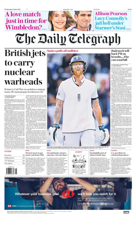 "British jets to carry nuclear warheads" reads teh headline on the front page of The Daily Telegraph.