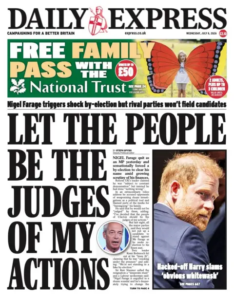 The headline on the front page of the Daily Express reads: 'Let the people be the judges of my actions.'