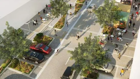 Ryder Architecture/RCBC A CGI image showing changes to Guisborough town centre. There are market stalls, a café and parked cars and people are walking about. Trees and other shrubs are lining the main path. 