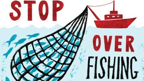 Falmouth University This artwork is a campaign poster focused on commercial fishing practices and marine conservation. Large red and black text reads "STOP OVER FISHING". The centre of the image shows a large black fishing net hanging beneath a red fishing boat on the sea surface. 
