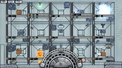 Sidequest Ninja A screenshot showing a five-by-three grid of hollow cubes, each containing a smaller cube at its centre. Various crates and boxes float around the screen. A semi-circular dial at the bottom of the screen with fast-forward and play control buttons are used to control the on-screen action.