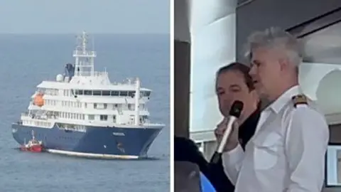 Split image with MV Hondius on one side and captain of the ship on other