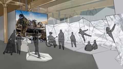 An artist's impression of a museum room. There are people climbing rock walls. A person in a wheelchair is wearing a VR headset. A large generic picture of servicemen in camouflage is on the wall.