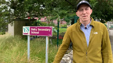 A man in a mustard-coloured zip top with a blue checked shirt underneath and a blue baseball cap on stands in front of a sign for Dalry Secondary School
