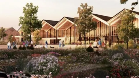 LDRS A CGI of the proposed Tatton Services shows a large timber and glass building behind a landscaped area including plants and flowers