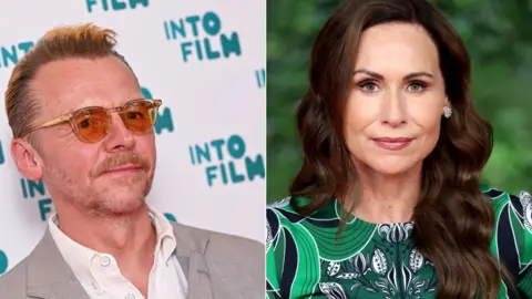 Composite image of Simon Pegg and Minnie Driver. Pegg is wearing dark glasses, a grey suit and white shirt. Driver is wearing a green patterned dress and earrings. 