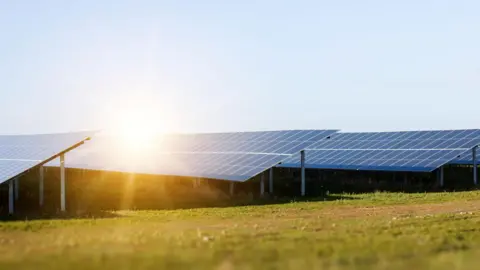 A stock image of solar panels in a grassy field. The sun is reflecting off the panels. 