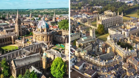 Getty Images Composite image. On the left is an aerial view of historical buildings in Oxford. On the right is an aerial view of Cambridge city centre.