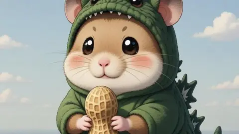 Preston & Byrne An AI-generated picture of a giant cartoon hamster in a green mock-Godzilla costume, holding a peanut. Clear blue sky can be seen beyond it.